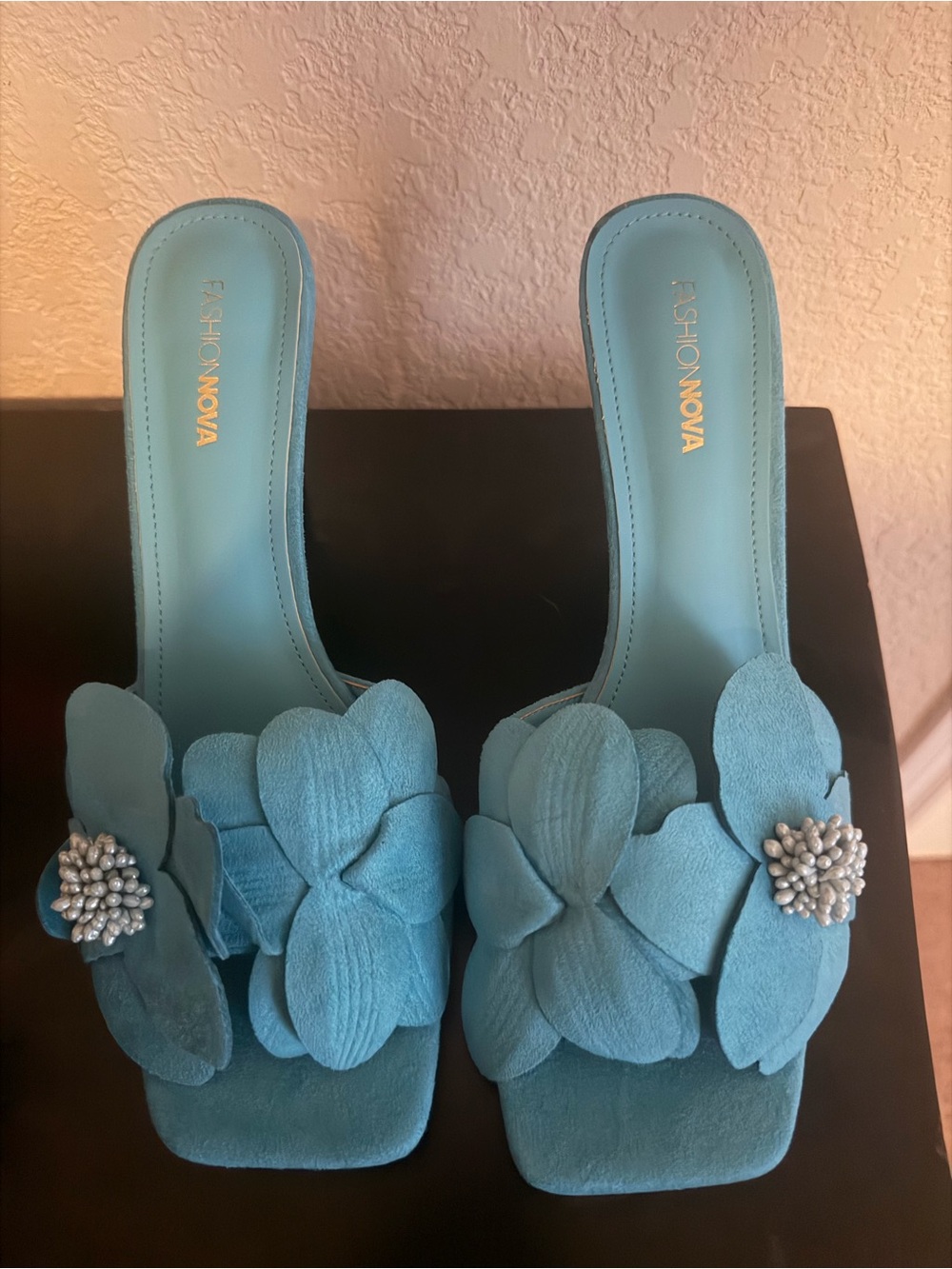 Fashion Nova Teal Blue Floral Pearl-Accent Slide Mules
